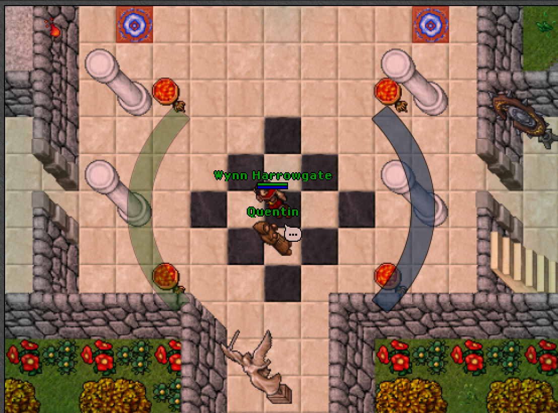 Top-down pixel-art view inside a mainland temple: a player character stands on a checkered floor between stone pillars and burning braziers, beside an NPC named Quentin.