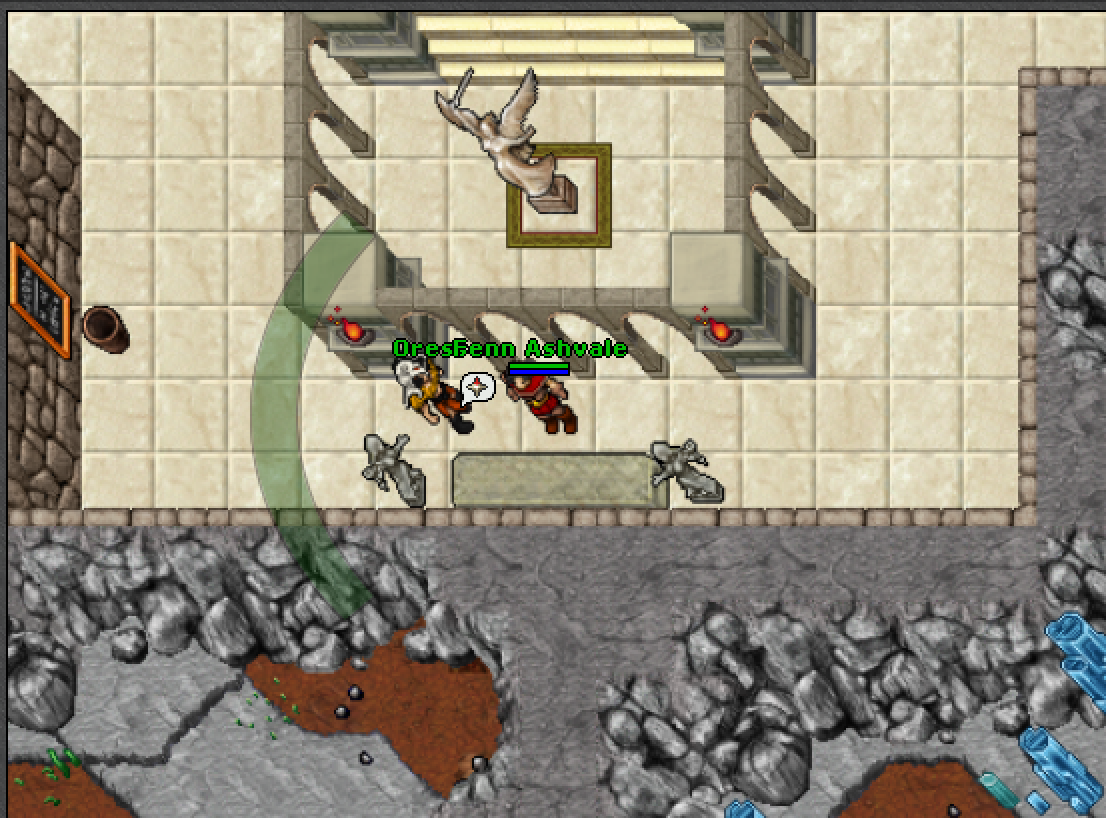 Top-down pixel-art view of Dawnport: a brand-new character stands beside a white-haired NPC in a hall with a fossil display, with a rocky ore-flecked cavern below.
